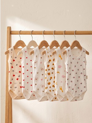 Noone %100 Pamuklu 6'lı Kolsuz Bebek Badi Seti - Yenidoğan & 3-12 Ay | Ayı, Hayvan, I Love Mom/dad Baskılı