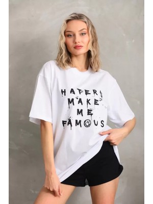 Modenya Unisex Baskılı Oversize T-Shirt - Beyaz