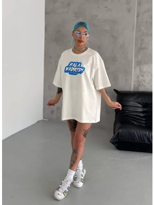 Modenya Unisex Bisiklet Yaka Baskılı Oversize T-Shirt - Beyaz