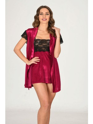 Sistina Muratech Fuşya Kadife Sabahlık & Gecelik Takım 2' Li - 1427 - Beden L