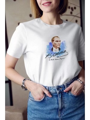 Modenya Unisex Bisiklet Yaka Baskılı Oversize T-Shirt - Beyaz