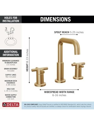 Daisy Home Nicoli Yaygın Banyo Bataryası 3 Delikli, Altın Banyo Bataryası, Banyo Lavabo Bataryası, Tahliye Montajı, Şampanya Bronz 35894LF-CZ