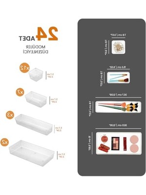 Cekar Store Meleni Home 24'lü Set - Modüler Çekmece Içi Masaüstü Düzenleyici - Takı Organizer Şeffaf