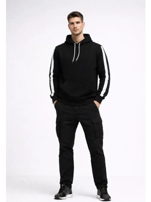 Modenya Erkek Şeritli Kapüşonlu Sweatshirt Oversize 3 Iplik Pamuklu - Siyah