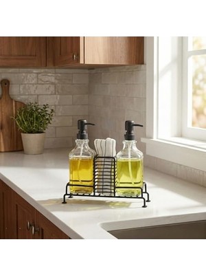 Cekar Store Amberhaus 2'li Standlı Kare Cam Sabunluk Seti | 2 x 500 ml | Ferforje Metal Standlı (Siyah) | Sünger/fırça Bölmeli Mutfak ve Banyo Düzenleyici