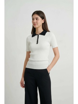 MetuCa Kadın Beyaz Kontrast Beyaz Polo Yaka Pamuklu Triko Tişört Düğmeli Kaşkorse