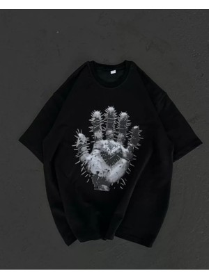 Modenya Unisex Bisiklet Yaka Baskılı Oversize T-Shirt - Siyah