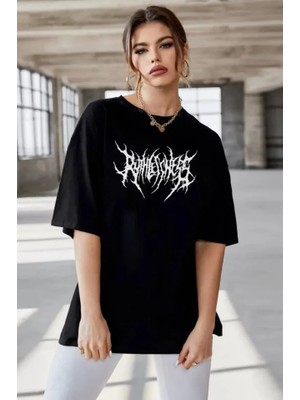Modenya Unisex Bisiklet Yaka Baskılı Oversize T-Shirt - Siyah