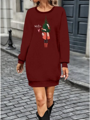 Modenya Kadın Uzun Kollu Bisiklet Yaka Desenli Kısa Viskon Iki Iplik Elbise