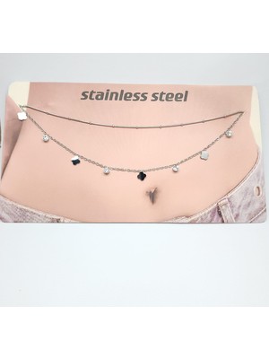 Stainless Steel Gümüş Tonlu Çelik Yonca ve Taş Detaylı Bel Zinciri