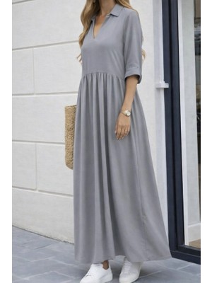 Modenya Kadın Truvakar Kollu V Yakalı Yırtmaçlı Uzun Aerobin Elbise