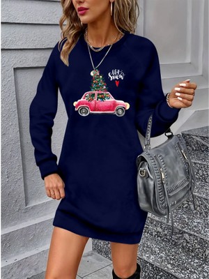 Modenya Kadın Uzun Kollu Bisiklet Yaka Desenli Viskon Iki Iplik Elbise