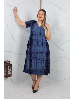 Truva Xxl Lacivert Batik Desenli Kristal Viskon Penye Elbise