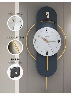 Cekar Store Sessiz, Cam Yüzeyli, Metal Halkalı, Dekoratif Duvar Saati (Antrasit Gold)
