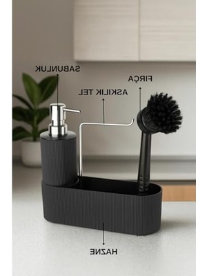 Cekar Store Siyah Çok Amaçlı Sabunluk Mutfak Lavabo Düzenleyici Set-Plastik Çizgili Sabunluk