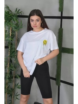 Modenya Unisex Bisiklet Yaka Baskılı Oversize T-Shirt - Beyaz
