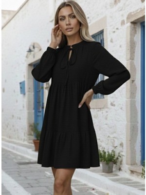 Modenya Kadın Uzun Kollu Yakadan Bağcıklı Fırfırlı Keten Mini Elbise