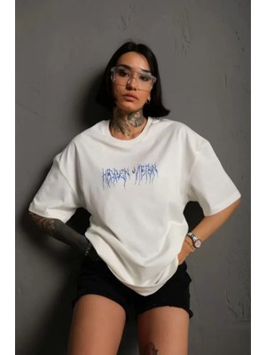 Modenya Unisex Bisiklet Yaka Baskılı Oversize T-Shirt - Beyaz