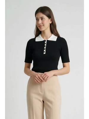 MetuCa Kadın Siyah Kontrast Beyaz Polo Yaka Pamuklu Triko Tişört Düğmeli Kaşkorse