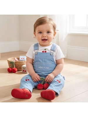 Asyaden Baby Kız Bebek 6-24 Ay Kiraz Nakışlı Denim Salopet Kısa Kollu Takım