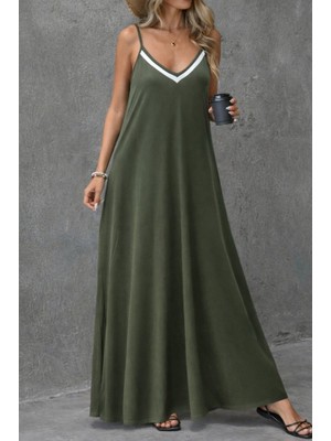 Modenya Kadın Ip Askılı V Şerit Yakalı Uzun Viskon Elbise