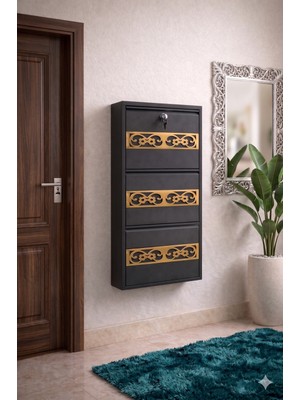 Tomkar  3'lü Antrasit Gold Pleksi Desenli Metal Ayakkabılık