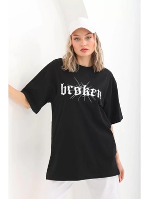 Modenya Unisex Baskılı Oversize T-Shirt - Siyah