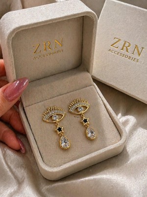 Zrn Accesories Küpe Gold Göz Figürlü Taşlı Sallantılı Küpe – Yıldız ve Damla Detaylı Şık Tasarım Trend 2,5 cm