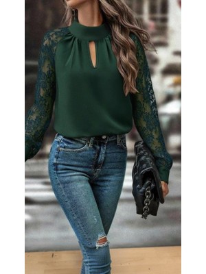 Modenya Kadın Uzun Kollu Göğüs Pencere Detay Yaka Boğazlı Kolları Tüllü Sandy Bluz