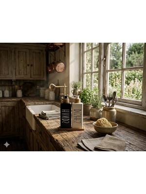 Cekar Store Premium Mat Siyah & Beyaz Mutfak Sabunluk Seti - Bambu Tepsili 2X450ML Bulaşık Deterjanı ve Sıvı Sabun Pompası (Hands & Dishes)