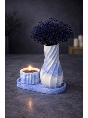 First Light  Gece Lüksü: Mavi Mermer Vazo & Mum Seti