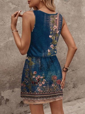 Modenya Kadın Askılı Yuvarlak Yakalı Beli Kusaklı Çiçek Desenli Kısa Süprem Elbise