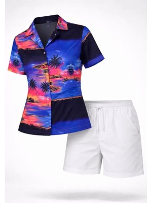 Modenya Gün Batımı Tropikal Desenli Kısa Kol Gömlek Şort Takım Yazlık Rahat Kalıp - Desenli