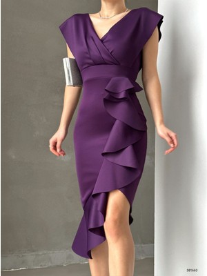 Modenya Scuba Kumaş Önü Fırfırlı Midi Boy Elbise