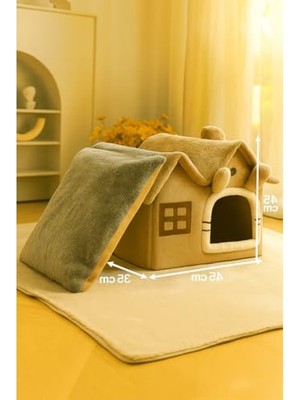 Cekar Store Villa Kedi Evi Peluş Kapalı Kedi Yatağı Minderli Katlanır (Camel)