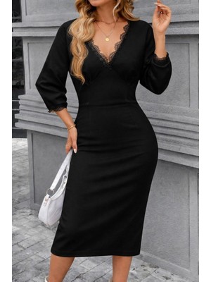 Modenya Kadın Fakir Kollu V Yakalı Dantel Detaylı Midi Janjan Krep Elbise