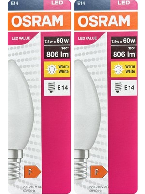 Avarson (2 Adet) Ledvance 7,5W Sarı Işık (2700K) E14 Duylu (Ince Duy) LED Ampul