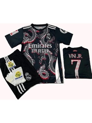 R. Madridd 2024/25 Sezon Dragon Desenli Vini Jr. Çocuk Forma 4'lü Set (Arma-Black-Red)