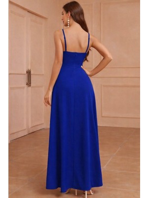 Modenya Kadın Ip Askılı Kruvaze Yakalı Yırtmaçlı Uzun Ithal Krep Elbise