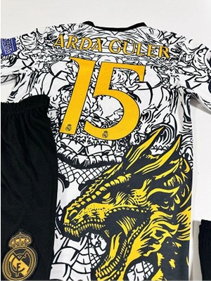 R. Madridd Ejderha Desenli Ardâ-Gülêr Özel Konsept Çocuk Forması 4'lü Set Armalı (Black-White)