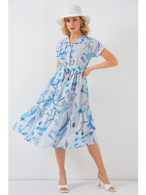 Modenya Desenli Kısa Kol Elbise 2558 - Mavi