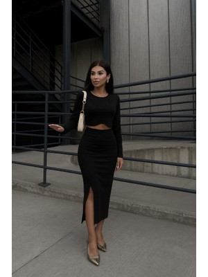 Modenya Kadın Uzun Kollu Bisiklet Yaka Kısa Krop Dalgıç Bluz ile Önden Yırtmaçlı Uzun Etek Ikili Takım