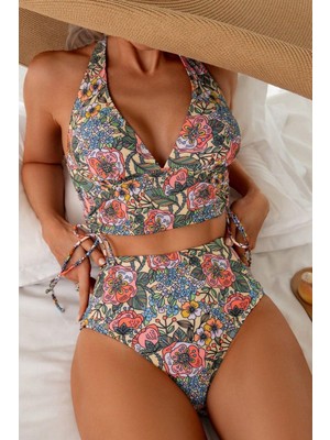 Aura Dantel Lucygırls Desenli Yandan Yüksek Bel Büzgülü Bikini Takımı