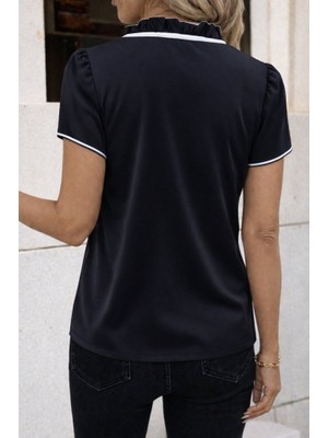 Modenya Kadın Kısa Kollu Yakası Fırfırlı Bağcıklı Janjan Krep Bluz