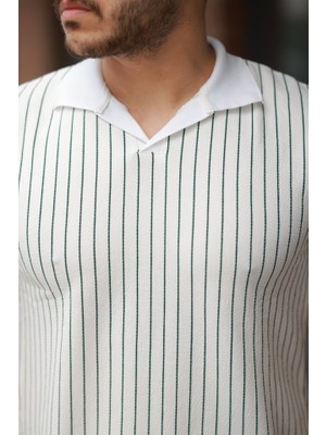 Modenya Erkek Yakalı Çizgi Desenli Kısa Kollu Tişört