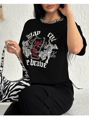 Moda Morfo Yuvarlak Yaka Baskılı Crop Tişort -Siyah