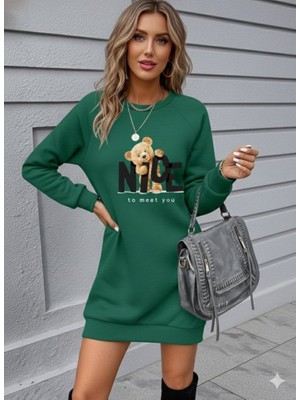 Modenya Kadın Uzun Kollu Bisiklet Yaka Ayı Desenli Viskon Iki Iplik Elbise