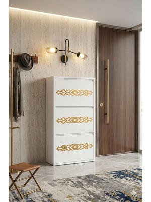 Tomkar  3'lü Beyaz Gold Desenli Metal Ayakkabılık
