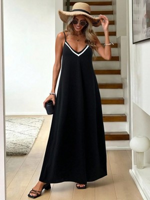 Modenya Kadın Ip Askılı V Şerit Yakalı Uzun Viskon Elbise