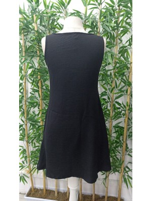 Modenya Kadın Kolsuz Kalın Askılı Düğme Detay Cepli Keten Elbise